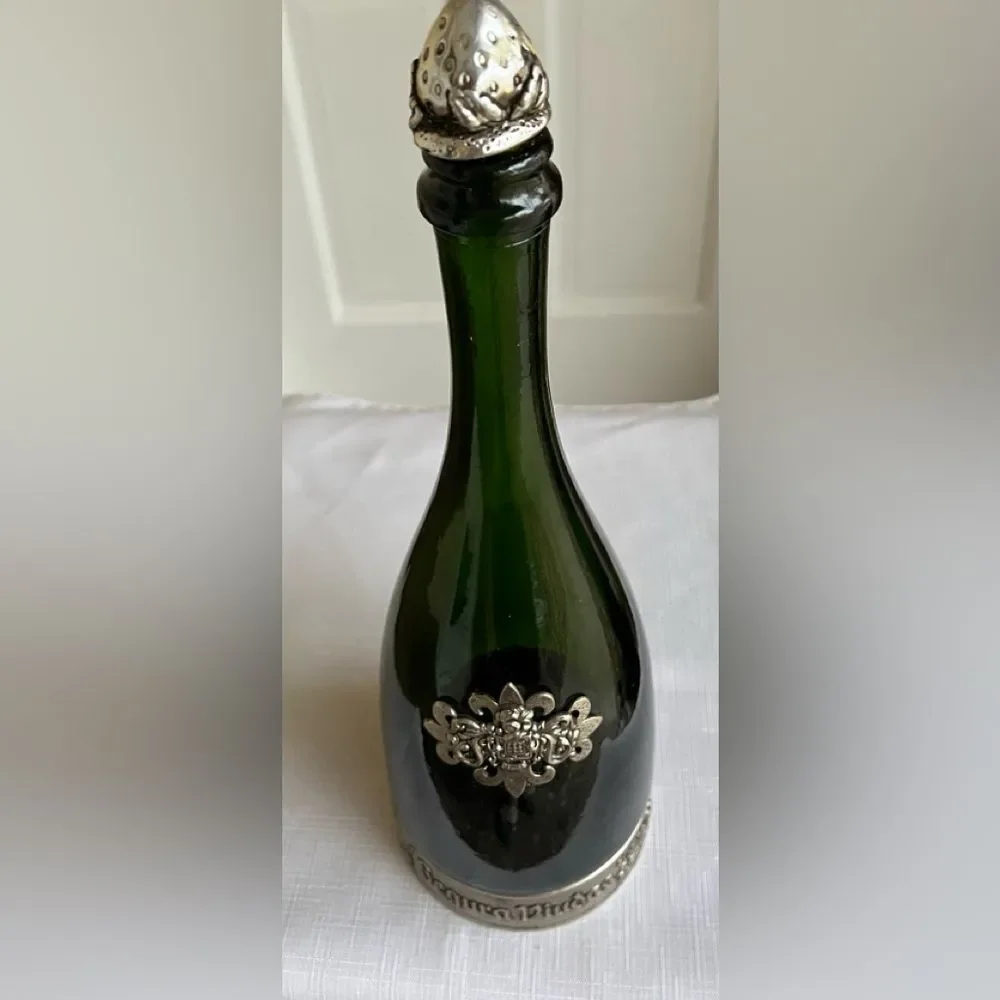 Vintage Segura Viudas glass dark green empty vine bottle with lid, Pewter decor.